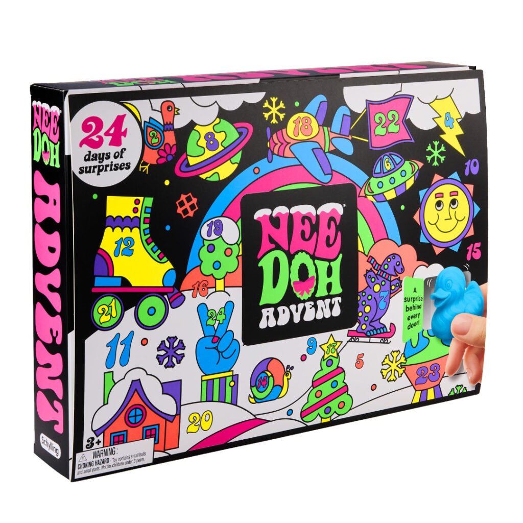 NeeDoh Squishmas Advent Calendar box, 24 days of surprises, angled view with the opened door panel