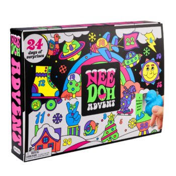 NeeDoh Squishmas Advent Calendar box, 24 days of surprises, angled view with the opened door panel