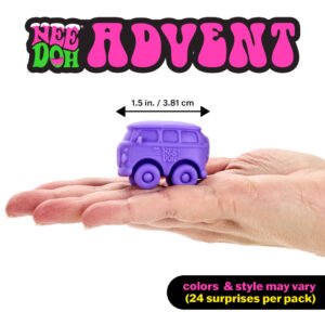 Purple mini NeeDoh van toy in a hand showing size, about 1.5 inches