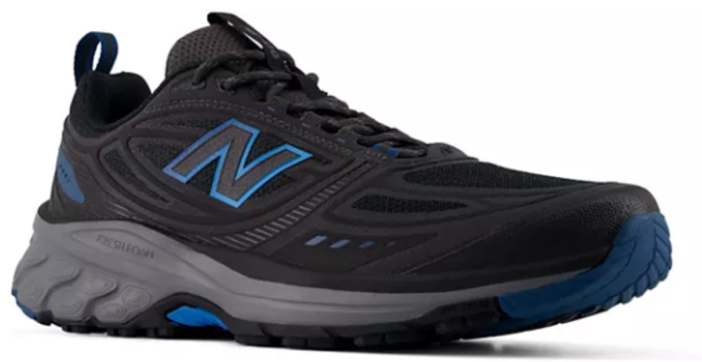 New Balance 410 v9 men's trail running shoes in black and blue