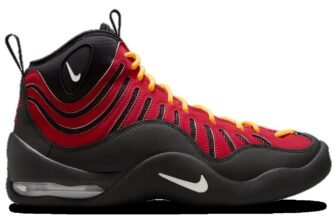 Nike Air Bakin High SP in black with varsity red ribbed upper and yellow laces, side view