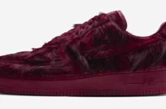 Nike Air Force 1 Low QS Team Red side profile with fuzzy red upper and red sole