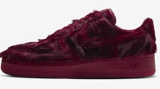 Nike Air Force 1 Low QS Team Red side profile with fuzzy red upper and red sole