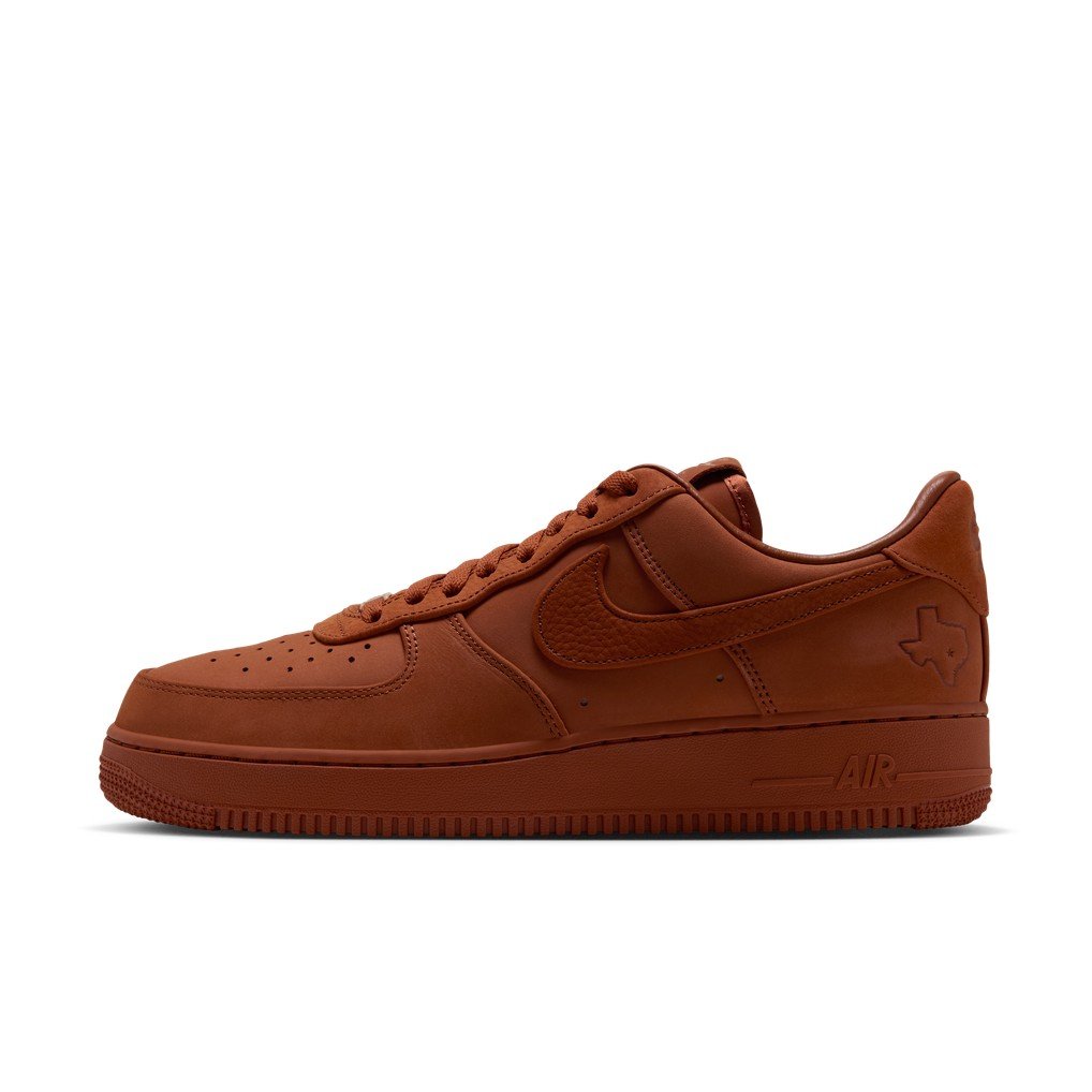 Nike Air Force 1 Luxe Texas Longhorns side profile with Texas state outline on heel