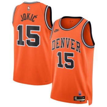 Nikola Jokic #15 Denver Nuggets Nike Classic Edition Swingman jersey in orange, front and back