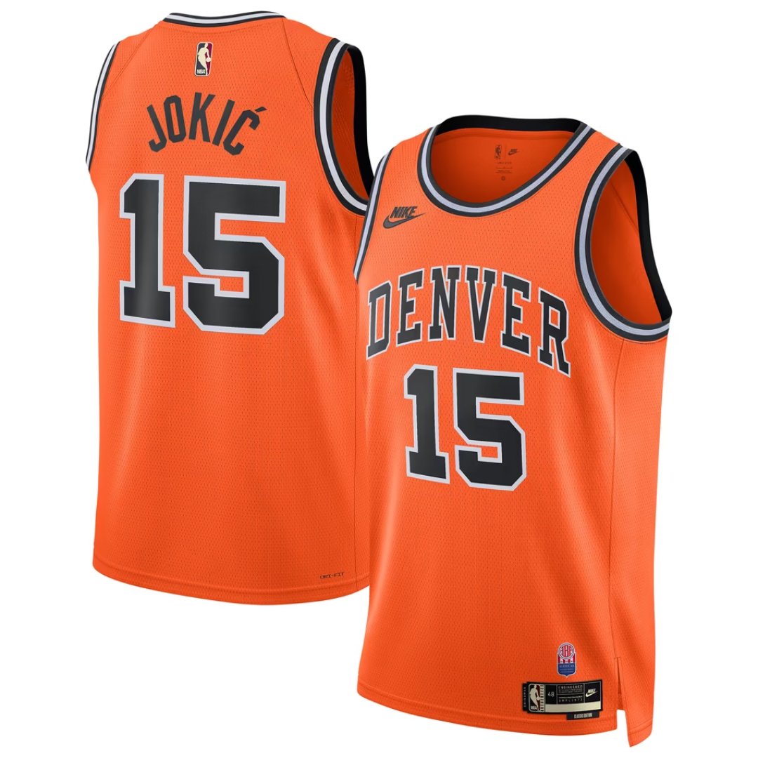 Nikola Jokic #15 Denver Nuggets Nike Classic Edition Swingman jersey in orange, front and back