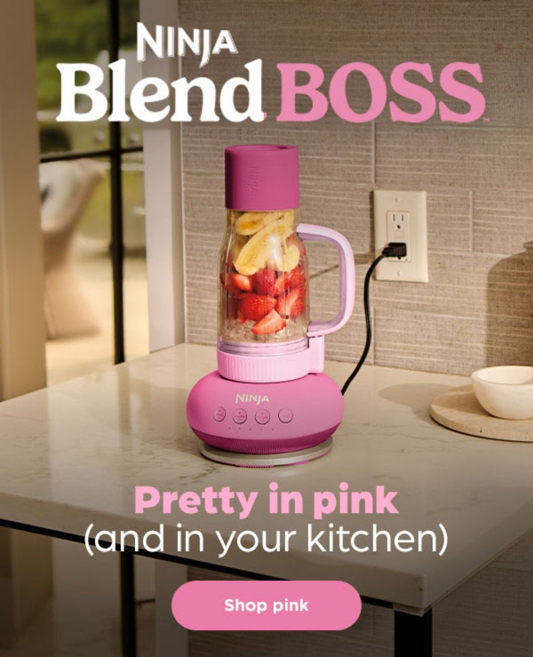 Ninja BlendBOSS in pink on a kitchen counter