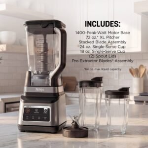 Ninja Professional Plus Blender DUO on a kitchen counter with the pitcher, cups and what is included