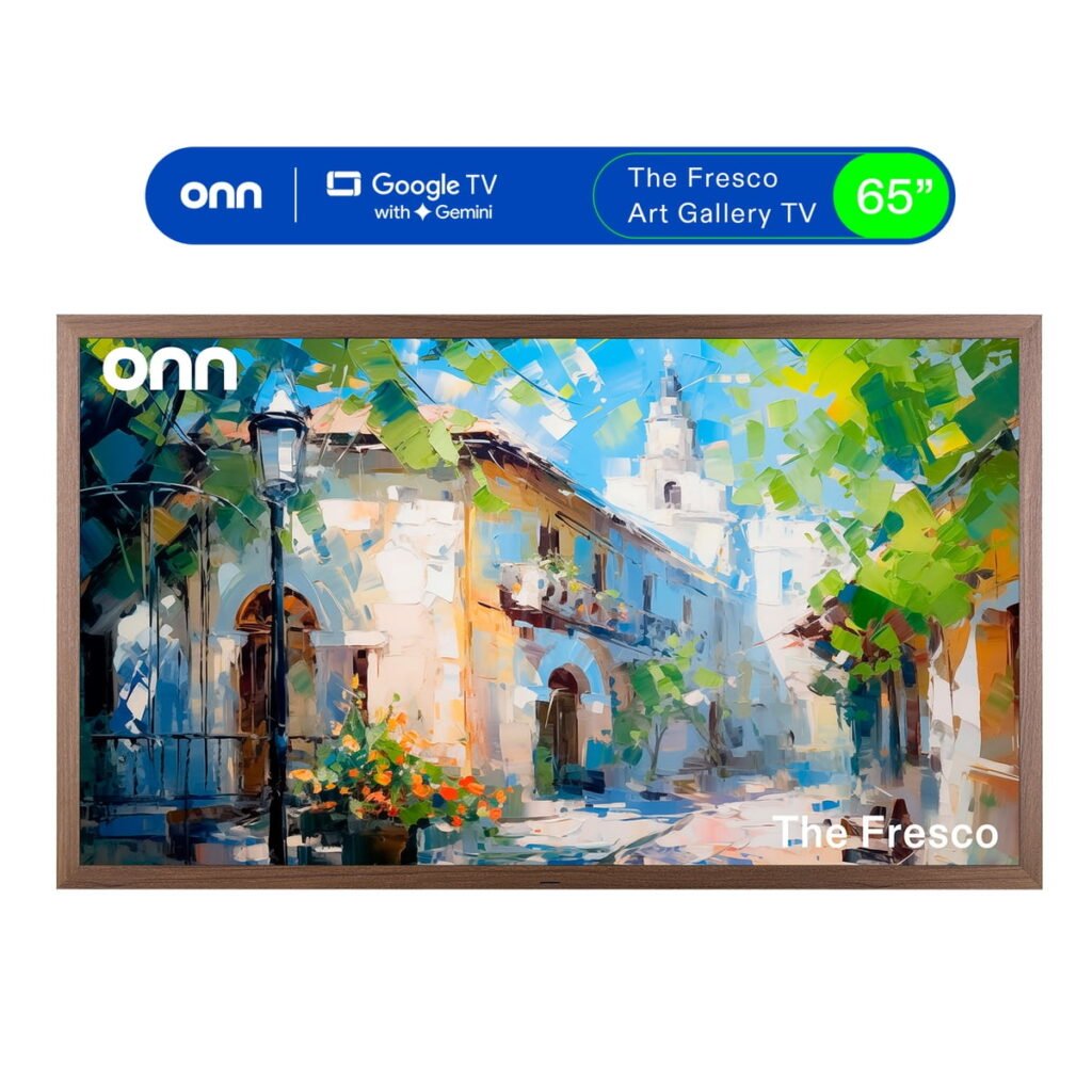 onn 65" Fresco Art Gallery 4K Google TV (Walnut Frame + Mount Kit)