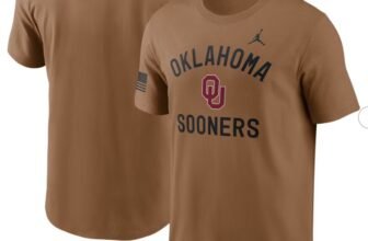 Oklahoma Sooners Military Appreciation Dri-FIT tee Brown front view with OU graphic and flag sleeve patch