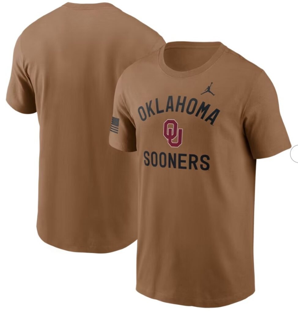 Oklahoma Sooners Military Appreciation Dri-FIT tee Brown front view with OU graphic and flag sleeve patch