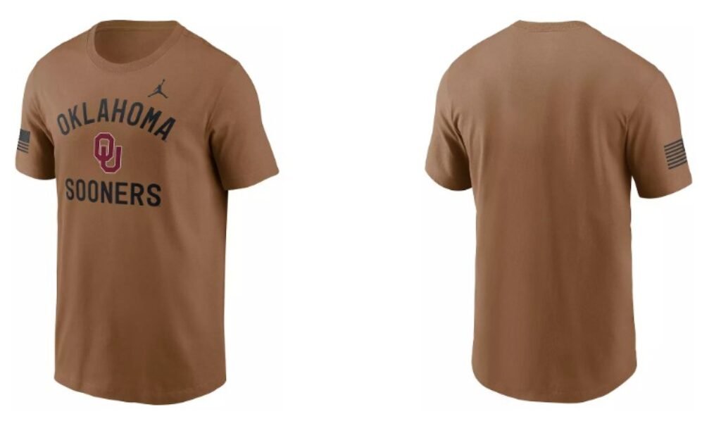 Jordan Brand Oklahoma Sooners 2026 Military Appreciation Dri-FIT T-Shirt in Brown, front and back