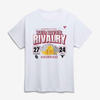 Oklahoma Sooners vs Texas Longhorns 2026 Red River Rivalry score t-shirt in white, OU 27 Texas 24
