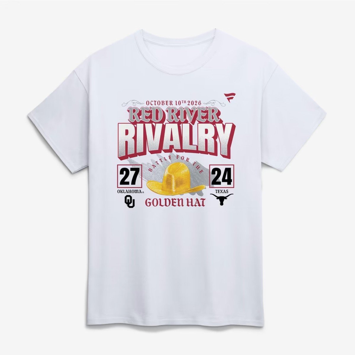 Oklahoma Sooners vs Texas Longhorns 2026 Red River Rivalry score t-shirt in white, OU 27 Texas 24