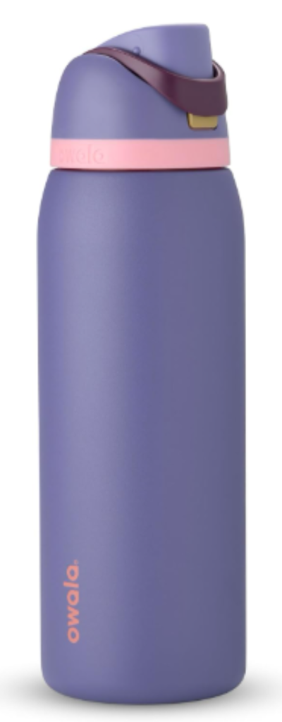 Owala FreeSip 40oz stainless steel water bottle Blue Jay purple pink band studio product shot