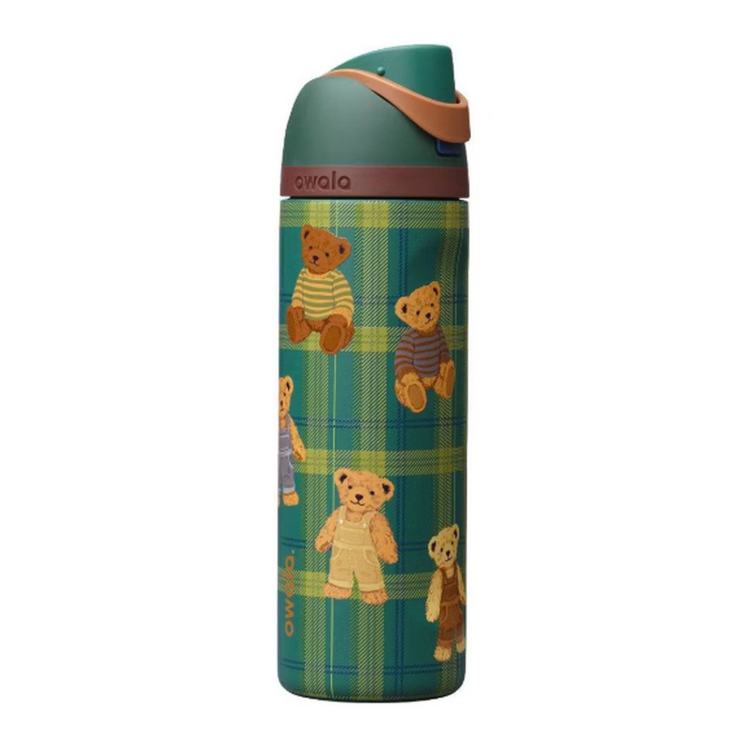 Owala FreeSip 24 oz water bottle in Bear Hug with teddy bears on green plaid