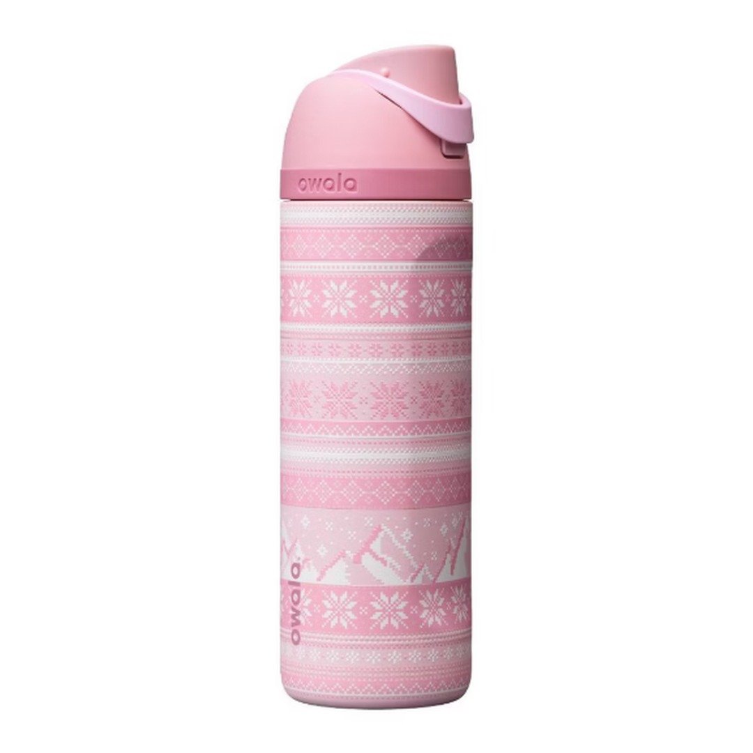 Owala FreeSip 24 oz water bottle in Cozy Does It with a pink knit sweater pattern