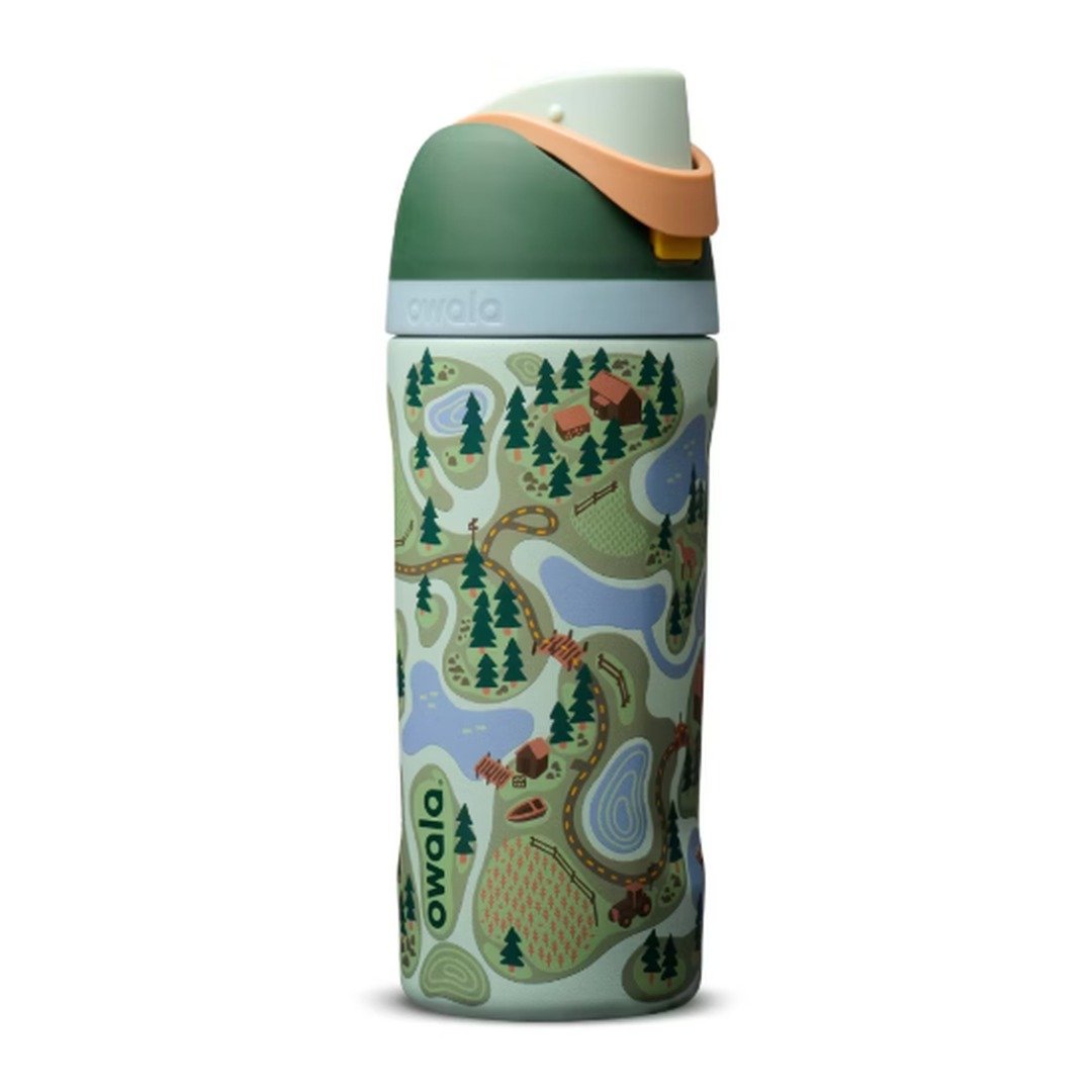 Owala Kids' FreeSip 16 oz water bottle in Trail On with a forest trail map print
