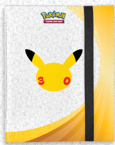 Pokémon TCG 30th Celebration binder with Pikachu 30 logo and elastic strap