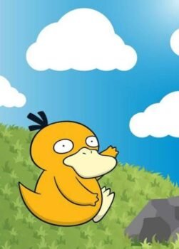 Psyduck sitting on a grassy hill under a blue sky