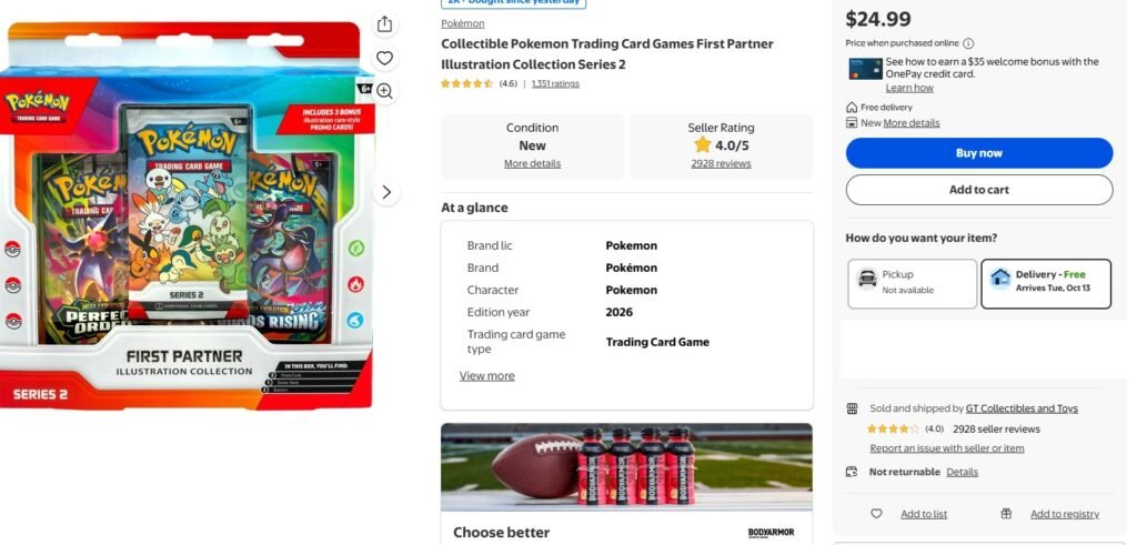 Walmart listing for Pokémon First Partner Illustration Collection Series 2 at $24.99