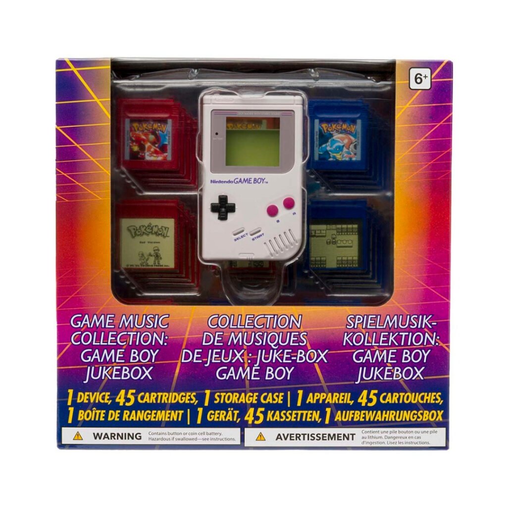 Pokémon Red and Pokémon Blue Game Music Collection Game Boy Jukebox box front with Game Boy-style player and red and blue cartridges