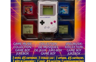 Pokémon Red and Pokémon Blue Game Music Collection Game Boy Jukebox box front with Game Boy-style player and red and blue cartridges