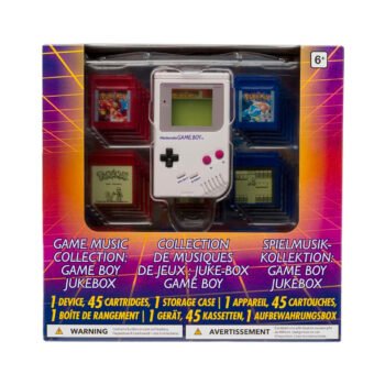 Pokémon Red and Pokémon Blue Game Music Collection Game Boy Jukebox box front with Game Boy-style player and red and blue cartridges