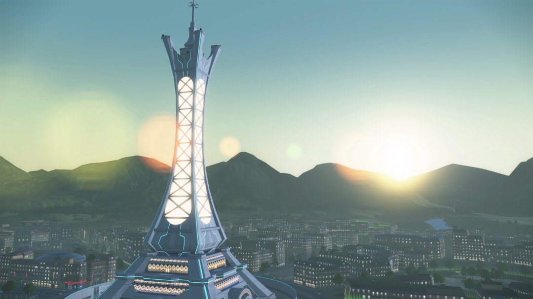 Pokémon Legends: Z-A gameplay, Prism Tower over Lumiose City at sunset