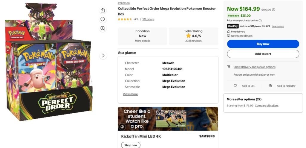 Walmart listing for the Pokémon Perfect Order Booster Box at $164.99
