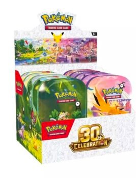 Pokémon TCG 30th Celebration mini tins in a display box at Macy's