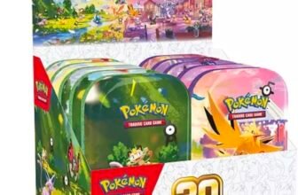 Pokémon TCG 30th Celebration mini tins in a display box at Macy's