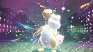 Pokémon Legends: Z-A Mega Ampharos in nighttime Lumiose City plaza