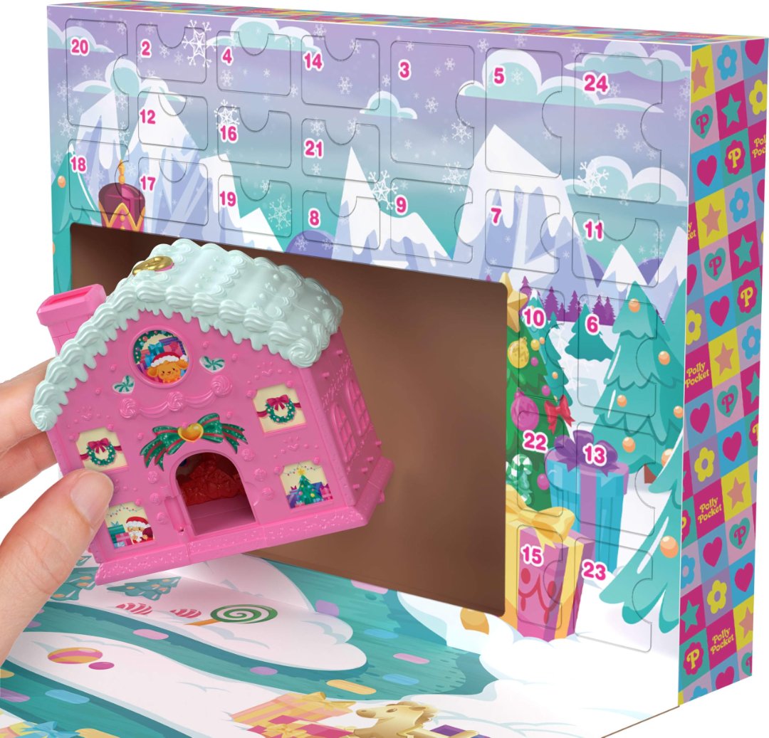 Polly Pocket Advent Calendar winter cabin compact with cozy fireplace and tree