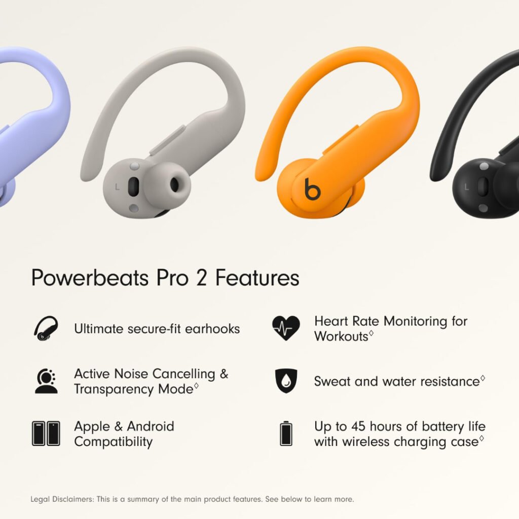 Powerbeats Pro 2 features — secure-fit earhooks, ANC, heart rate, sweat resistance