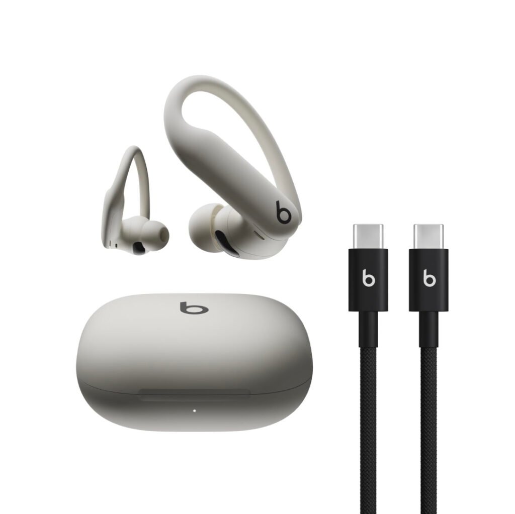 Beats Powerbeats Pro 2 earbuds, case, and USB-C cable in sand