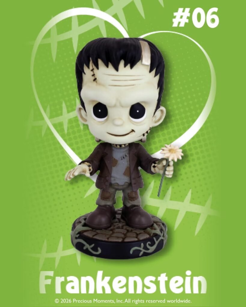 Precious Moments Ichigo Ichie Frankenstein #06 figurine holding a daisy on a cobblestone base