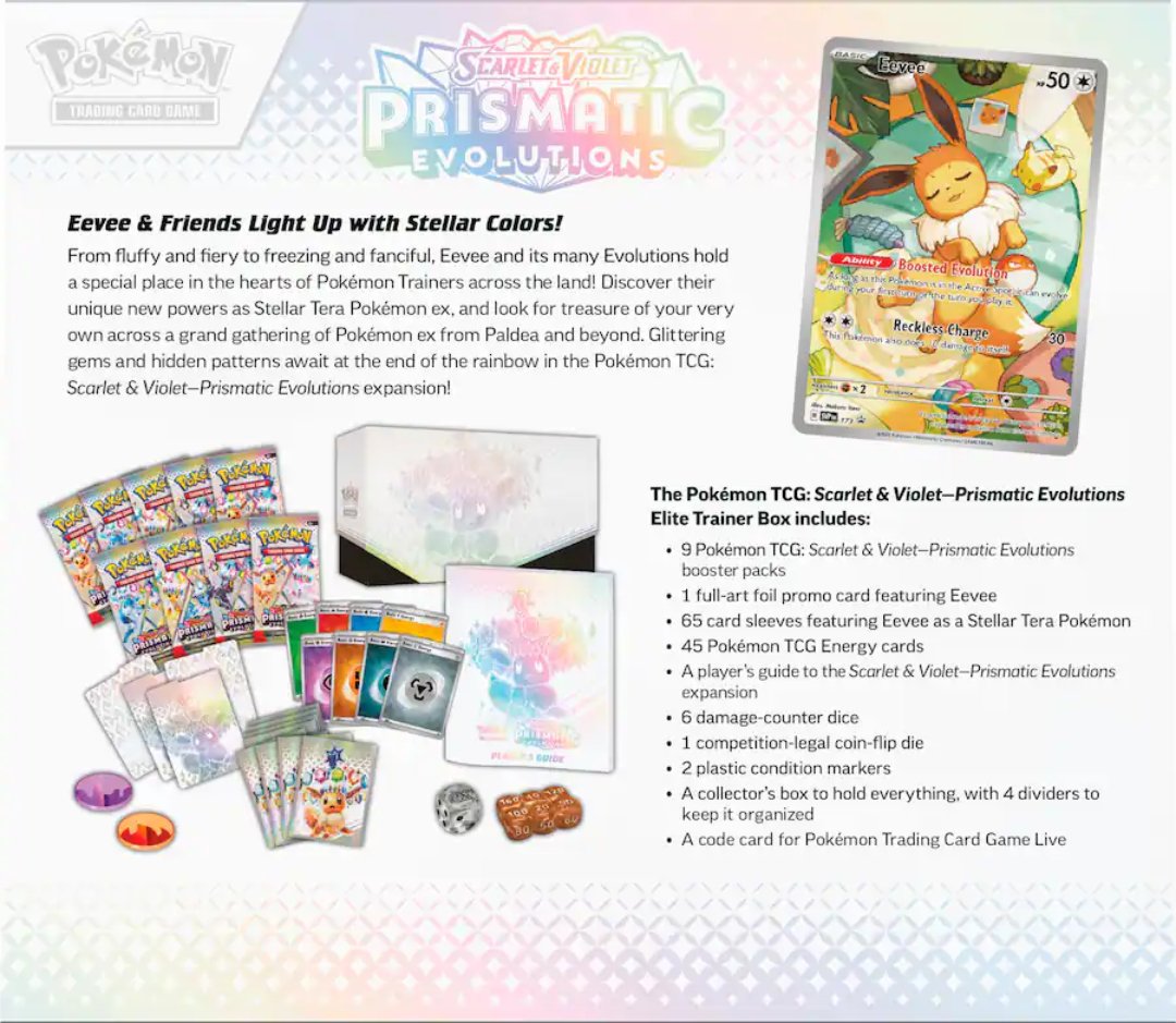 Prismatic Evolutions Elite Trainer Box contents list