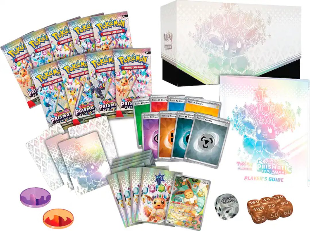 Prismatic Evolutions Elite Trainer Box contents laid out