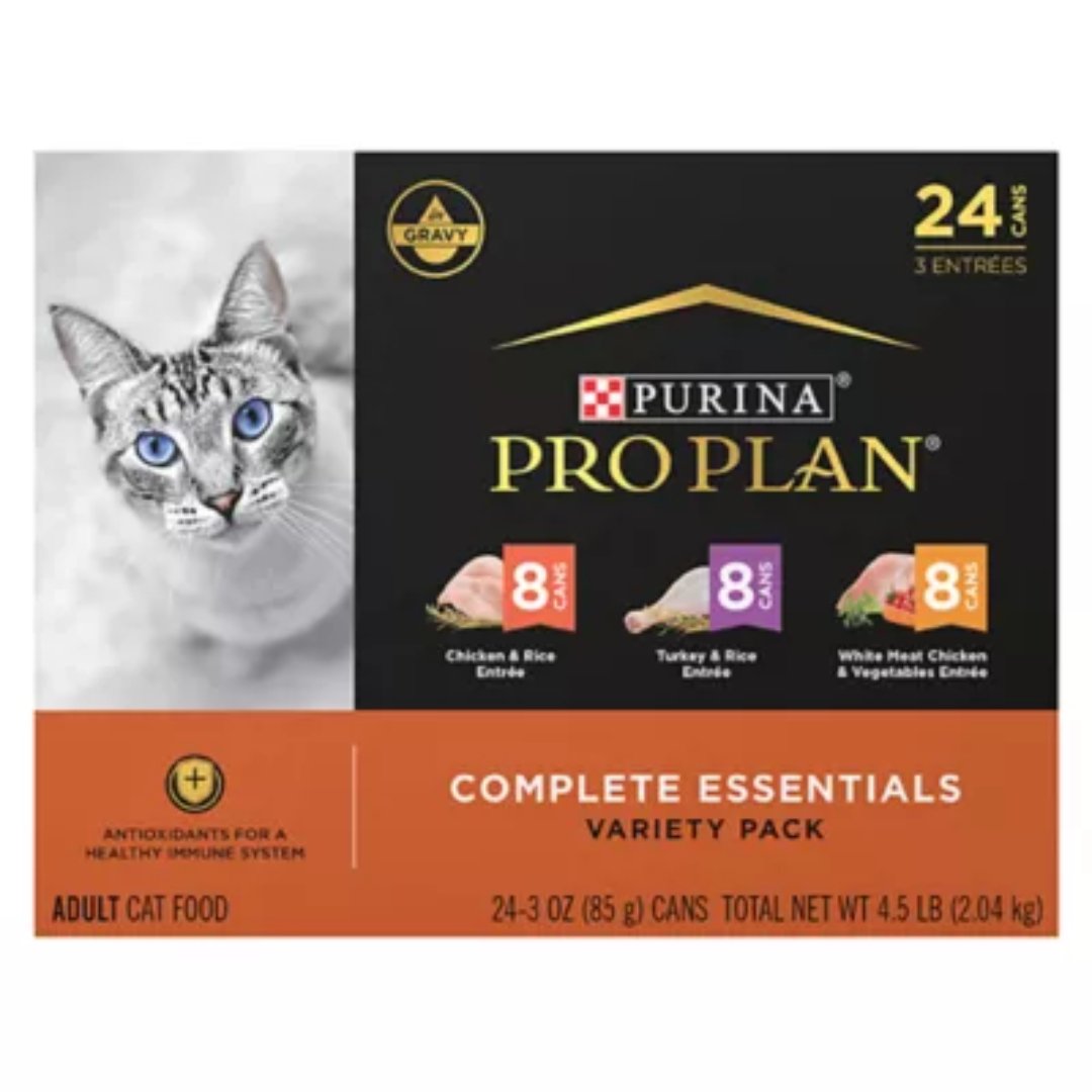 Purina Pro Plan Complete Essentials Adult Wet Cat Food In Gravy Variety Pack, 24 cans of 3 oz