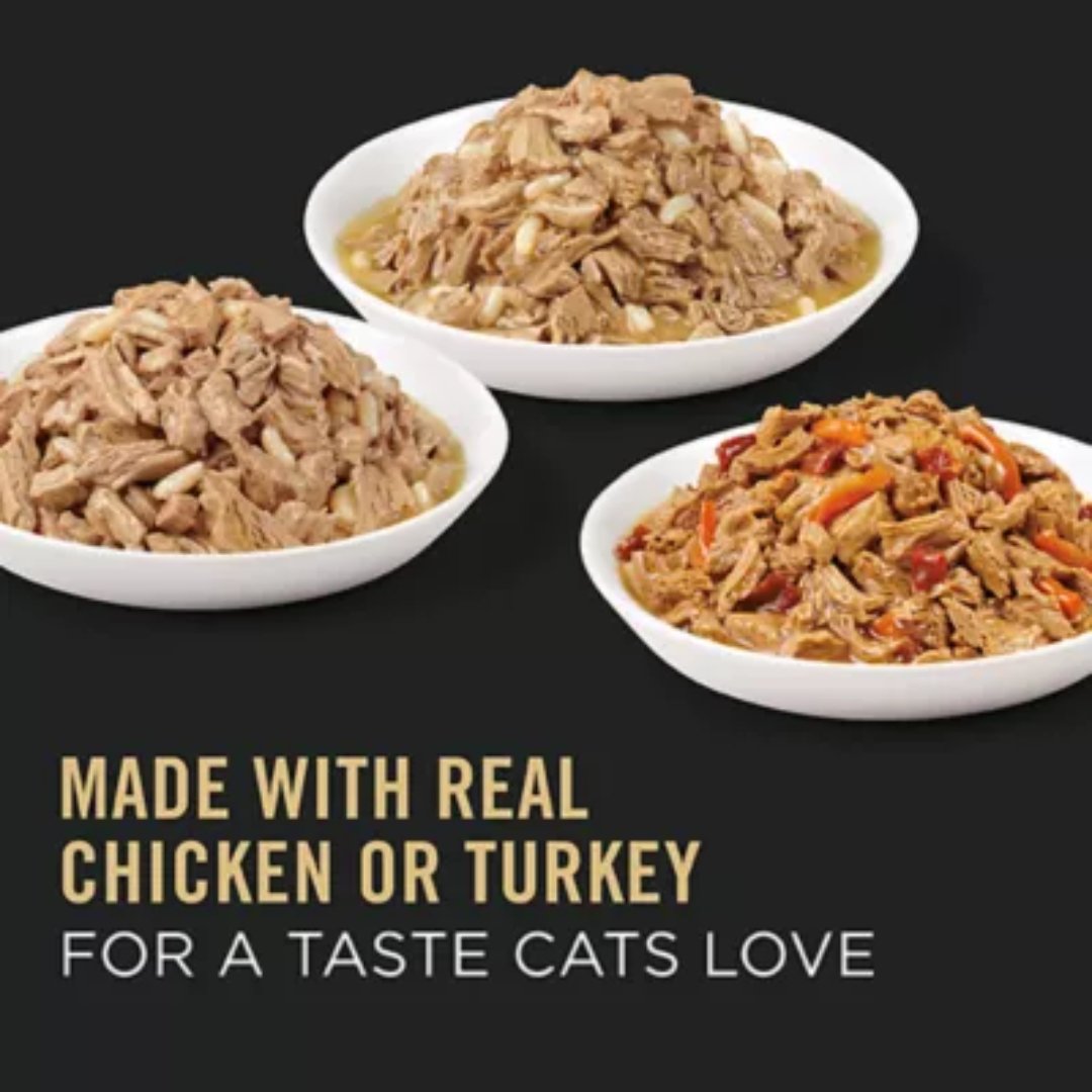 Bowls of Purina Pro Plan wet cat food in gravy: chicken and rice, turkey and rice, and white meat chicken and vegetables