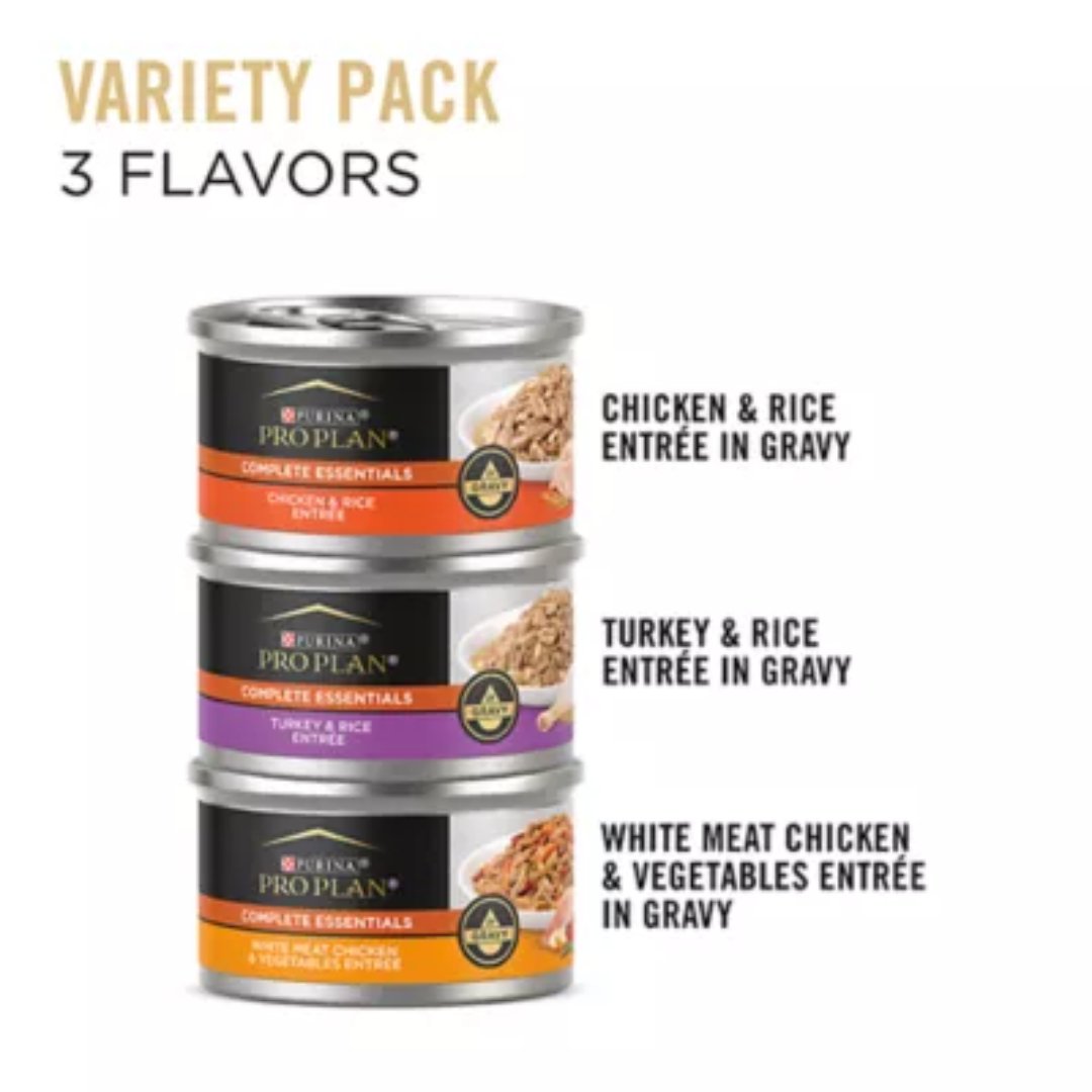 Three Purina Pro Plan Complete Essentials gravy flavors in 3 oz cans