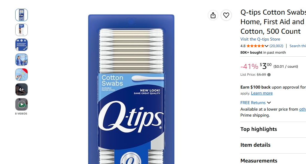 Q-tips Cotton Swabs Original 500 Count