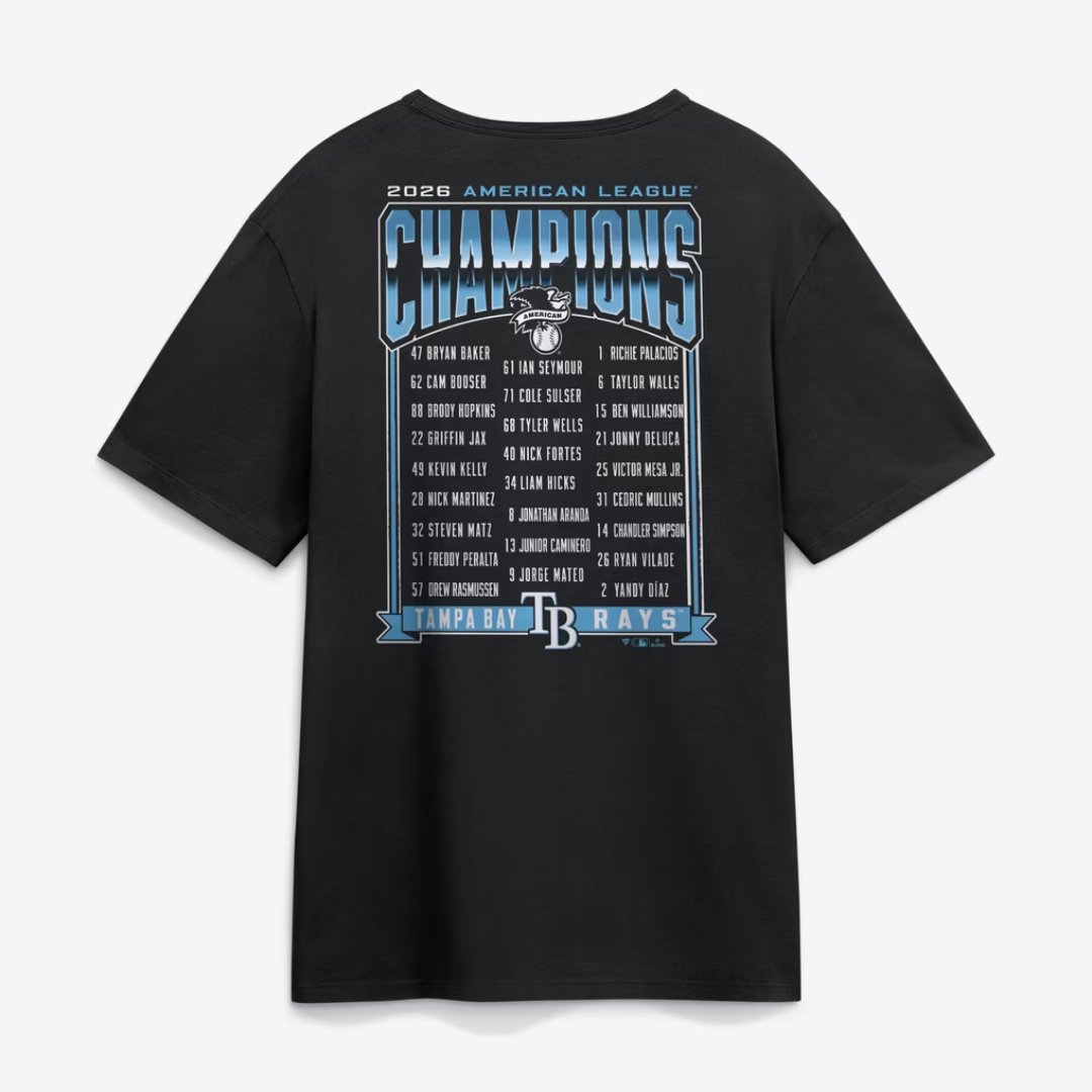 Back of the black Rays 2026 AL Champions roster tee with the full team roster