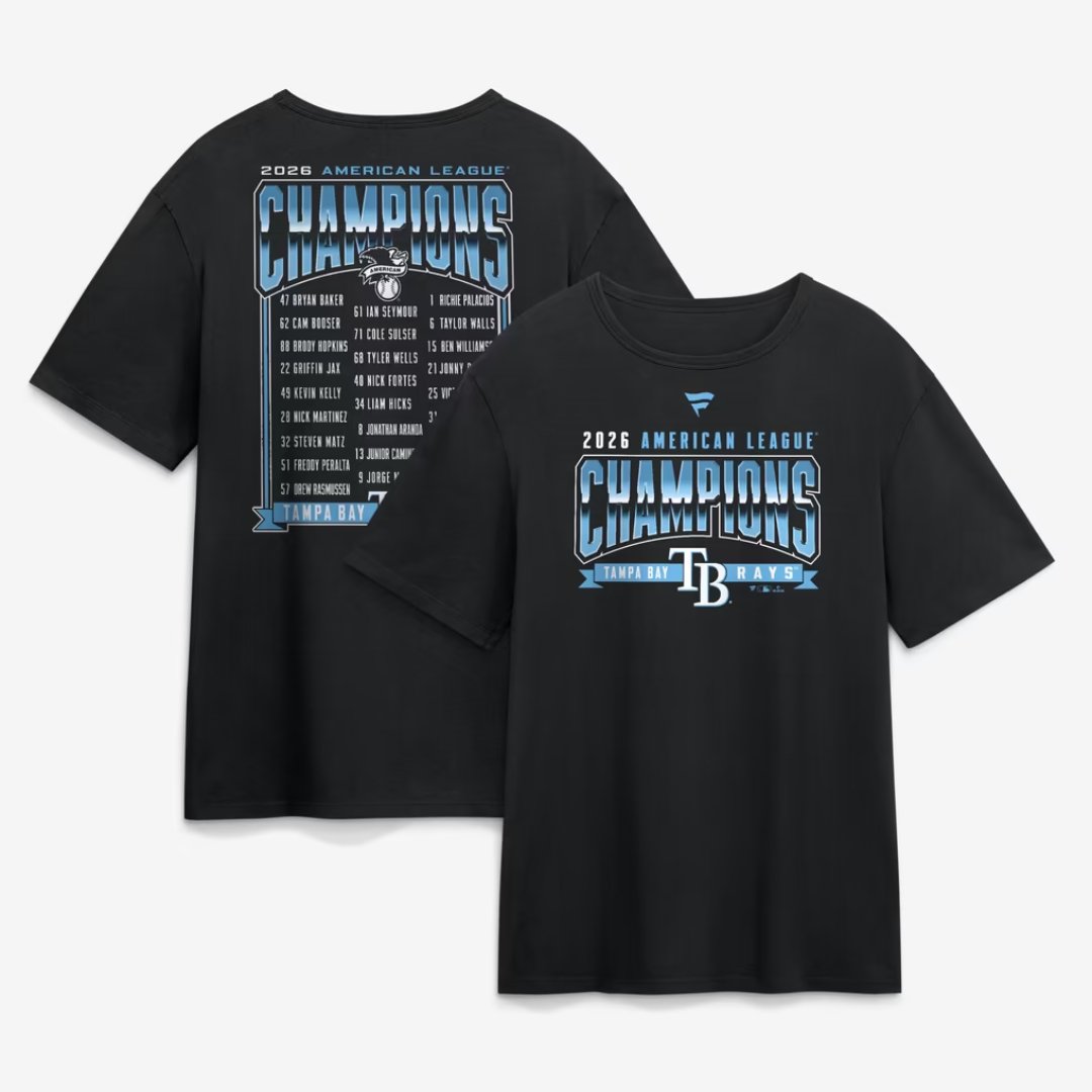 Black Tampa Bay Rays 2026 American League Champions roster t-shirt, front and back