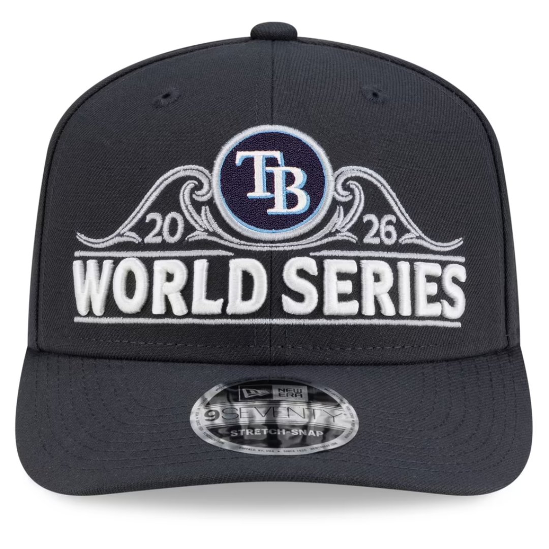 Tampa Bay Rays New Era 2026 World Series Locker Room 9SEVENTY youth adjustable hat in charcoal, front view