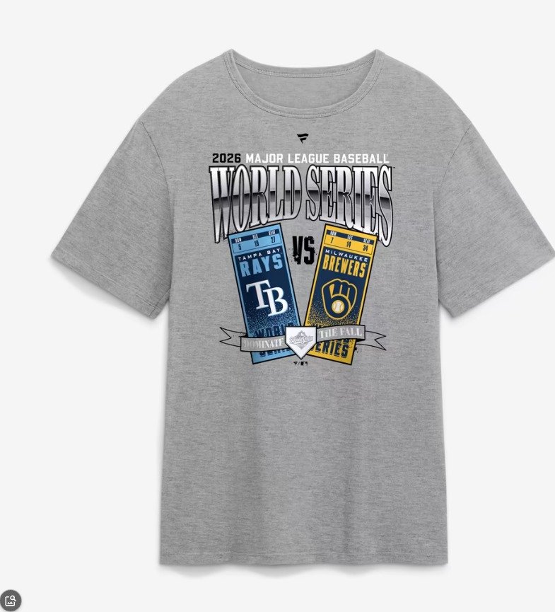 Front of the gray 2026 World Series matchup tee with Rays and Brewers banners