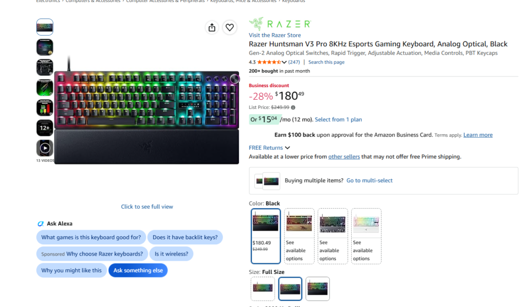 Razer Huntsman V3 Pro 8KHz Esports Gaming Keyboard black full size with Chroma RGB and leatherette wrist rest Amazon listing