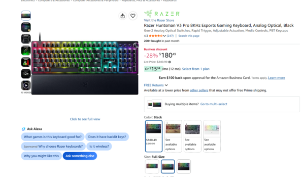 Razer Huntsman V3 Pro 8KHz Esports Gaming Keyboard black full size with Chroma RGB and leatherette wrist rest Amazon listing
