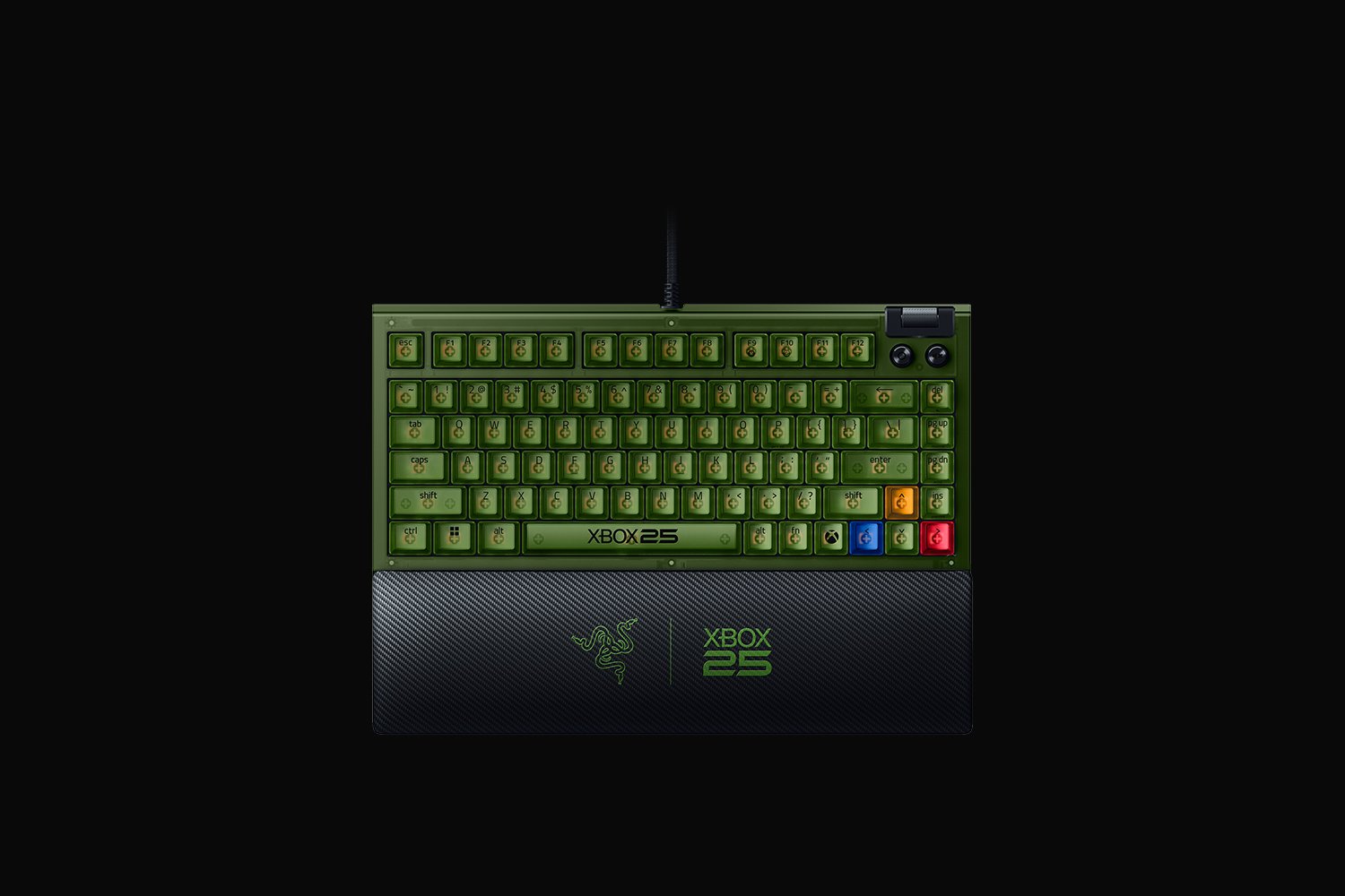 Razer BlackWidow V4 75% Xbox 25th Anniversary Edition keyboard in translucent green with wrist rest